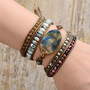 Natural Labradorite Bohemian Handmade Braided Healing Women Wrap Bracelet Gifts